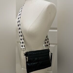 Top Trenz Crossbody/beltbag And Wrist Bag W pockets Shiny Black Stars St…